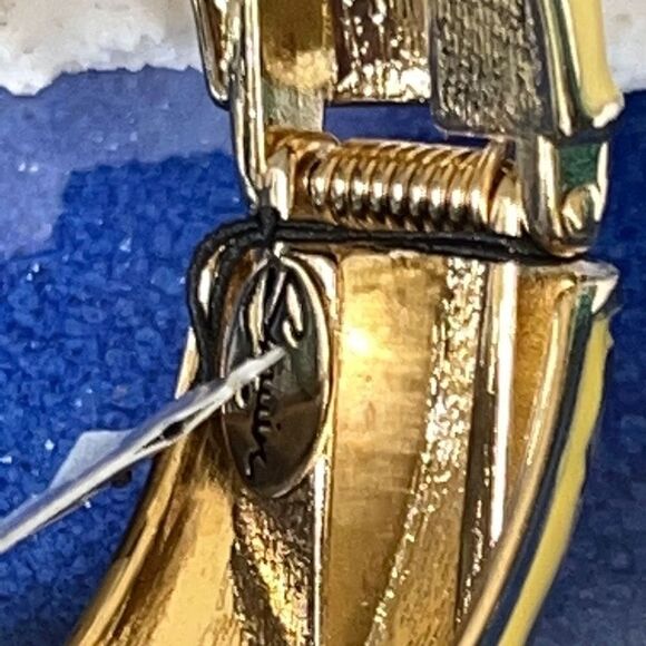 Yellow & Green  Enamel Geometric Pattern Accented with Clear Crystals in Gold Hi - Picture 2 of 11